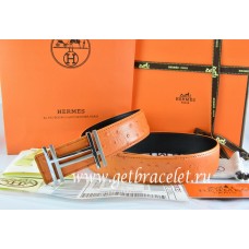 Fake AAA Hermes Reversible Belt Orange/Black Ostrich Stripe Leather With 18K Silver H au Carre Buckle QY02128