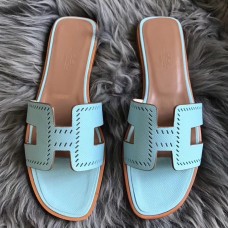 Fake Hermes Oran Perforated Sandals In Blue Atoll Epsom Leather QY00914