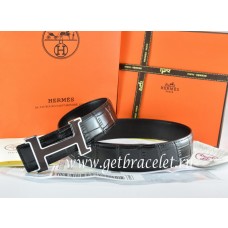 Fake Hermes Reversible Belt Black/Black Crocodile Stripe Leather With18K Black Silver H Buckle QY00833