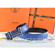 Fake Hermes Reversible Belt Blue/Black Ostrich Stripe Leather With 18K Black Silver Narrow H Buckle QY02151