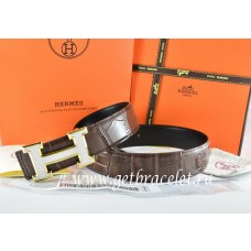 Fake Hermes Reversible Belt Brown/Black Crocodile Stripe Leather With18K White Gold H Buckle QY01764