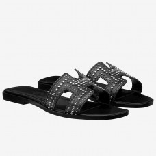 First-class Quality Hermes Oran Studs Sandals In Black Leather QY01196