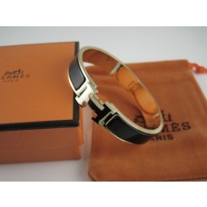 Hermes Black Enamel Clic H Bracelet Narrow Width (12mm) In Gold QY01683