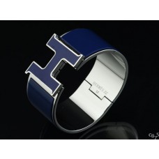 Hermes Blue Enamel Clic H Bracelet Narrow Width (33mm) In Silver QY00530