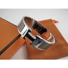 Hermes Brown Enamel Clic H Bracelet Narrow Width (18mm) In Silver QY01024