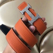 Hermes H Belt Buckle &amp; Orange Clemence 32 MM Strap QY01389