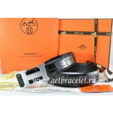 Hermes Reversible Belt Black/Black Crocodile Stripe Leather With18K Silver H Buckle QY01261
