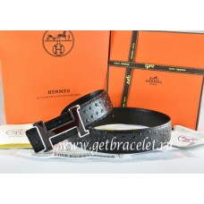 Hermes Reversible Belt Black/Black Ostrich Stripe Leather With 18K Black Silver Narrow H Buckle QY02015