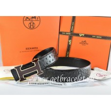Hermes Reversible Belt Black/Black Ostrich Stripe Leather With 18K Black Silver Width H Buckle QY02074