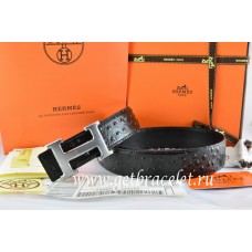 Hermes Reversible Belt Black/Black Ostrich Stripe Leather With 18K Drawbench Silver H Buckle QY00250