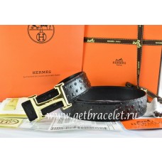 Hermes Reversible Belt Black/Black Ostrich Stripe Leather With 18K Gold Idem With Logo Buckle QY02312