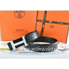 Hermes Reversible Belt Black/Black Ostrich Stripe Leather With 18K White Silver Narrow H Buckle QY00790