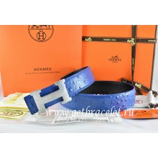 Hermes Reversible Belt Blue/Black/Black Ostrich Stripe Leather With 18K Silver H Buckle QY00141
