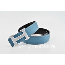 Hermes Reversible Belt Blue/Black Classics H Togo Calfskin With 18k Silver With Logo Buckle QY02213