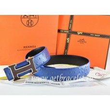 Hermes Reversible Belt Blue/Black Ostrich Stripe Leather With 18K Black Silver Width H Buckle QY02311