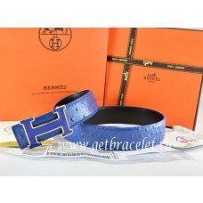 Hermes Reversible Belt Blue/Black Ostrich Stripe Leather With 18K Blue Gold Width H Buckle QY01101