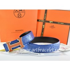 Hermes Reversible Belt Blue/Black Ostrich Stripe Leather With 18K Brown Gold Width H Buckle QY00823