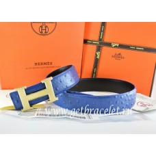 Hermes Reversible Belt Blue/Black Ostrich Stripe Leather With 18K Gold Wave Stripe H Buckle QY00081