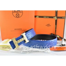 Hermes Reversible Belt Blue/Black Ostrich Stripe Leather With 18K Gold Weave Stripe H Buckle QY00410