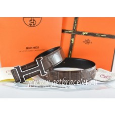 Hermes Reversible Belt Brown/Black Crocodile Stripe Leather With18K Black Silver H Buckle QY01103