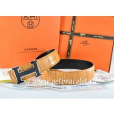 Hermes Reversible Belt Orange/Black Crocodile Stripe Leather With18K Black Silver Width H Buckle QY02099
