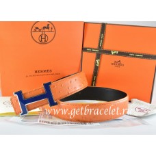 Hermes Reversible Belt Orange/Black Ostrich Stripe Leather With 18K Blue Silver Narrow H Buckle QY01001