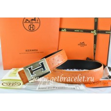 Hermes Reversible Belt Orange/Black Ostrich Stripe Leather With 18K Gold Big H Buckle QY02262