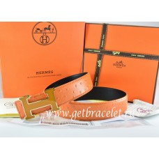 Hermes Reversible Belt Orange/Black Ostrich Stripe Leather With 18K Orange Gold Width H Buckle QY00723