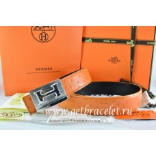 Hermes Reversible Belt Orange/Black Ostrich Stripe Leather With 18K Silver Big H Buckle QY01039