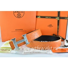 Hermes Reversible Belt Orange/Black Ostrich Stripe Leather With 18K Silver Geometric Stripe H Buckle QY01160