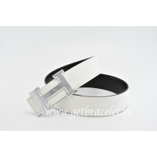 Hermes Reversible Belt White/Black Classics H Togo Calfskin With 18k Silver With Logo Buckle QY00435