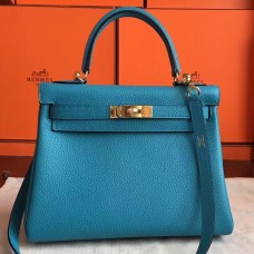 Hermes Turquoise Clemence Kelly Retourne 28cm Handmade Bag QY02293