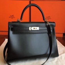 High Quality Fake Hermes Black Box Kelly Retourne 32cm Handmade Bag QY01025