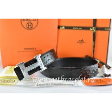 High Quality Imitation Hermes Reversible Belt Black/Black Ostrich Stripe Leather With 18K Silver Geometric Stripe H Buckle QY00727