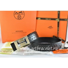 Hot Hermes Reversible Belt Black/Black Ostrich Stripe Leather With 18K Gold Big H Buckle QY01247