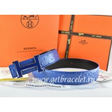 Imitation Hermes Reversible Belt Blue/Black Ostrich Stripe Leather With 18K Blue Silver Narrow H Buckle QY00023