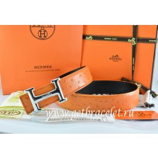 Imitation Hermes Reversible Belt Orange/Black Ostrich Stripe Leather With 18K Silver Idem With Logo Buckle QY01156
