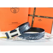 Luxury Hermes Reversible Belt Blue/Black Crocodile Stripe Leather With18K White Silver H Buckle QY02033