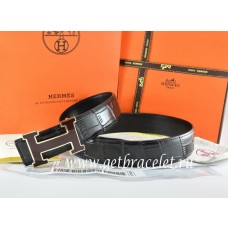 New Hermes Reversible Belt Black/Black Crocodile Stripe Leather With18K Black Gold Width H Buckle QY02248