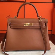 Replica Cheap Hermes Brown Swift Kelly Retourne 32cm Handmade Bag QY00851