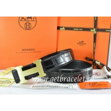 Replica Hermes Reversible Belt Black/Black Crocodile Stripe Leather With18K Gold H Buckle QY01033