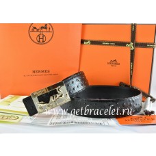 Replica Hermes Reversible Belt Black/Black Ostrich Stripe Leather With 18K Gold Coach Buckle QY01272