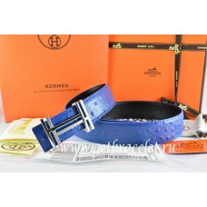 Replica Hermes Reversible Belt Blue/Black Ostrich Stripe Leather With 18K Silver H au Carre Buckle QY00640