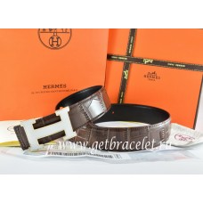 Replica Hermes Reversible Belt Brown/Black Crocodile Stripe Leather With18K White Silver H Buckle QY01000