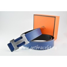Replica Hermes Reversible Belt Dark Blue/Black Togo Calfskin With 18k Silver H Buckle QY00816