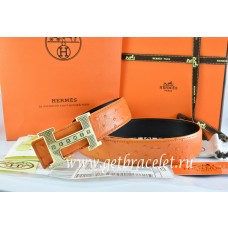 Replica Hermes Reversible Belt Orange/Black Ostrich Stripe Leather With 18K Gold Stripe Logo H Buckle QY01567