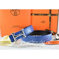 Replica Luxury Hermes Reversible Belt Blue/Black Ostrich Stripe Leather With 18K Silver Idem With Logo Buckle QY02072