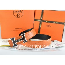 Replica Luxury Hermes Reversible Belt Orange/Black Ostrich Stripe Leather With 18K Black Silver White Logo H Buckle QY01141