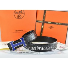 Top Hermes Reversible Belt Black/Black Ostrich Stripe Leather With 18K Blue Gold Width H Buckle QY01212