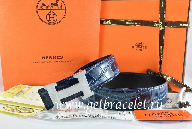 Fake Hermes Reversible Belt Blue/Black Crocodile Stripe Leather With18K ...